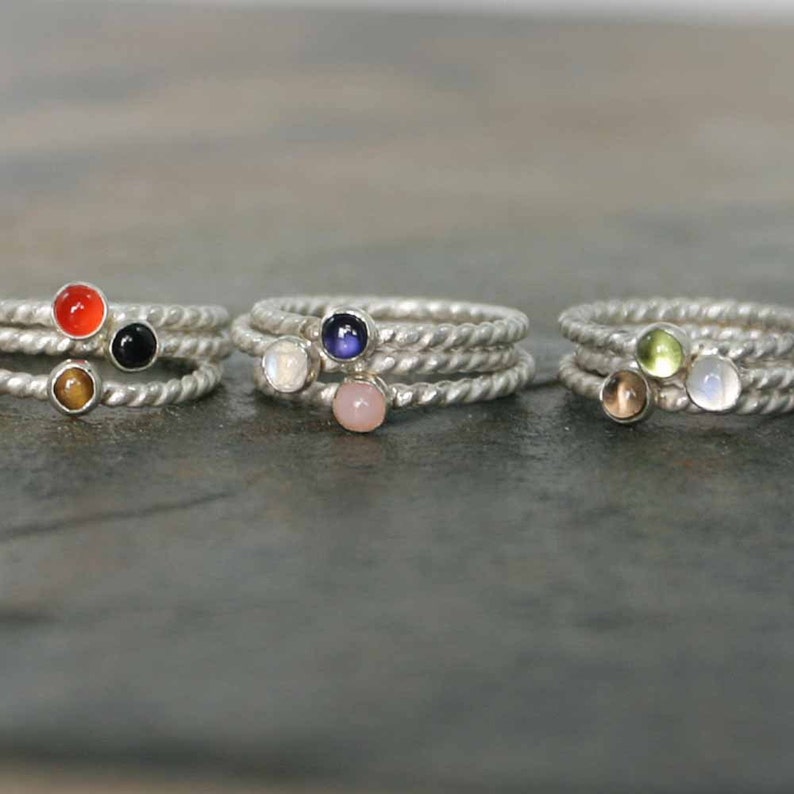 Birthstone Sterling Silver Ring, Bezel Set Garnet, January, Dainty Stackable Twisted Rope, Birthday Gift, Mother's image 4