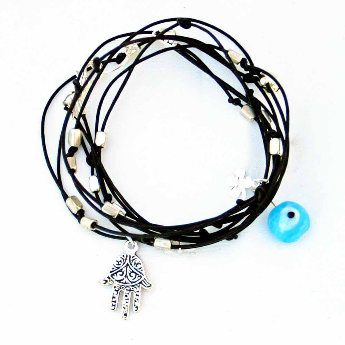 Leather Wrap Bracelet With Lucky Charms Black Beaded Leather Etsy