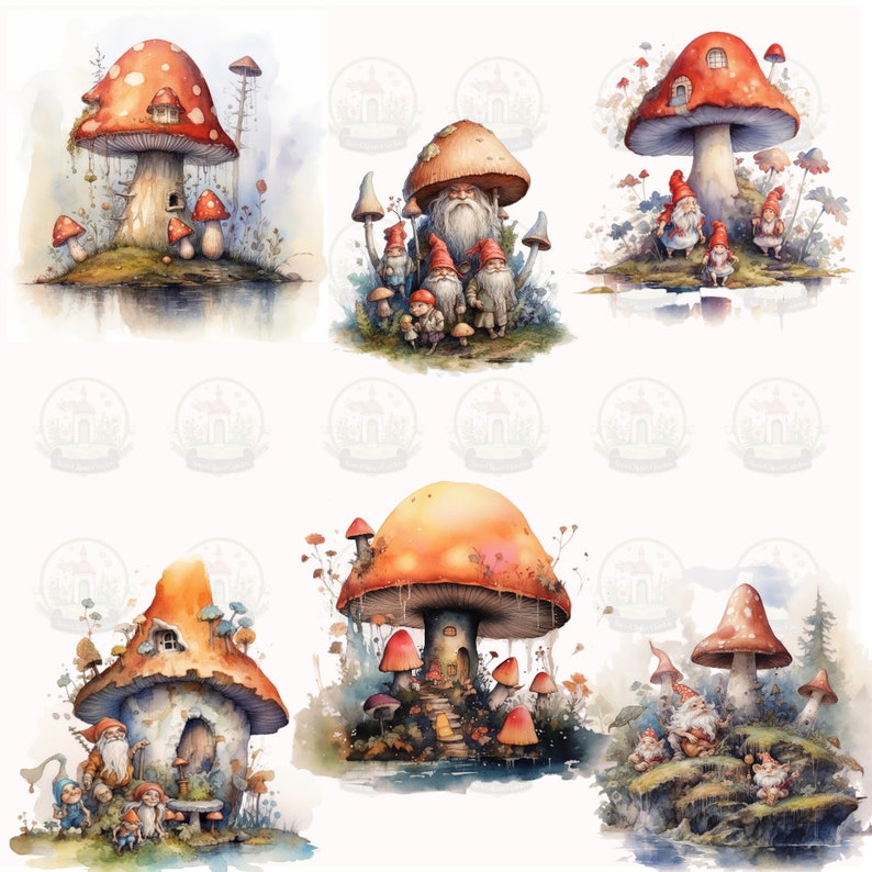 Watercolor Mushroom House Clipart, Cute Clipart Bundle, Fairy Dwarves ...