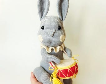 Bunny Crochet pattern pdf in English. Retro Rabbit with drum amigurumi pattern