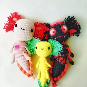 Set of crochet patterns pdf in English- Axolotl amigurumi toys with movable body.  Amigurumi tutorial pdf in english. Cute toy axolotl DIY