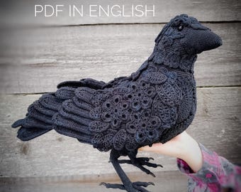 Raven Crochet PATTERN Tutorial PDF in English. Gothic Black Crow Amigurumi DIY Halloween