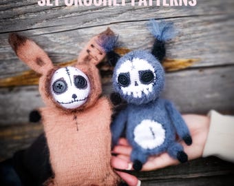 Set of crochet patterns pdf in English. Gothic skull face squirrel and bunny with a polymer pellets inside