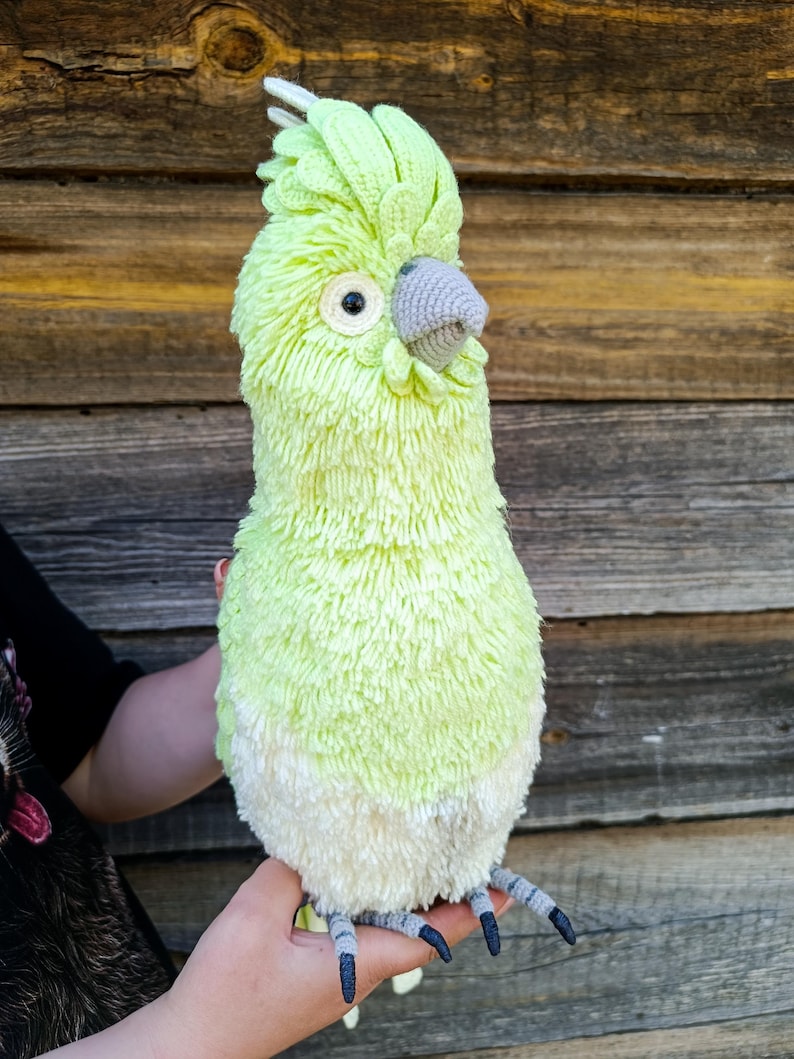May include: A handmade, plush parrot in shades of light green and white. The bird has a textured, feathery appearance, a gray beak, and black and gray feet. The parrot is held in a person's hands against a wooden background.