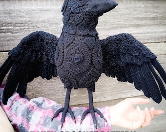 Amigurumi Raven figurine with open wings. Crochet pattern PDF in English. Crow toy Tutorial pdf.