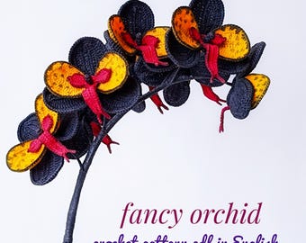Fancy Black butterfly orchid flower. Crochet pattern pdf in English. Fake plant decor DIY