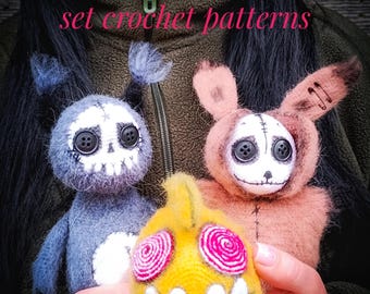 Set crochet of patterns pdf in English. Bunny, Squirrel, Fish with a polymer pellets inside