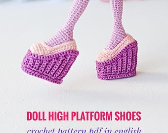 Crochet pattern pdf in English--Doll platform shoes. High wedge-heeled shoes for doll