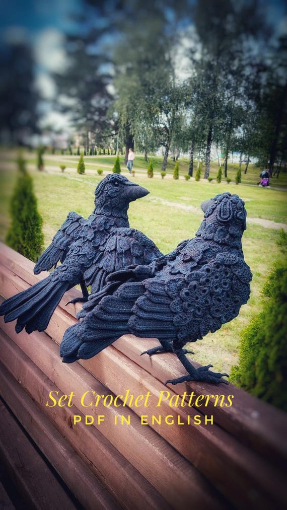 Set of Two Crochet Patterns: Ravens. Crochet tutorial patterns PDF in English.