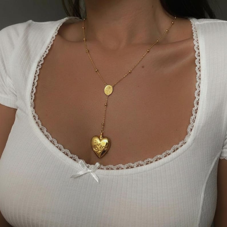Lana Del Rey Heart Necklace, LDR Spoon Necklace, Gold Beaded Chain, Gift For Her, Aesthetic Coquette Necklace image 4