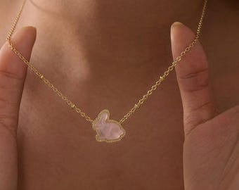 Women's Bunny Gold Pendant Necklace, 14k Yellow Gold Over Brass, Matte Dichroic Glass, Cute Dainty Adjustable Chain