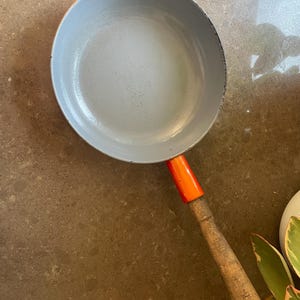 Vintage Descoware Cast Iron Enamel Pan in Flame Orange with wooden handle - Made in Belgium