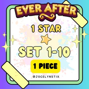 Può includere: Grafica digitale con il testo "EVER AFTER" in oro e marrone. La grafica include anche "1 STAR", una grafica a stella, "SET 1-10" e "1 PIECE". Lo sfondo presenta un design a spruzzi colorati.