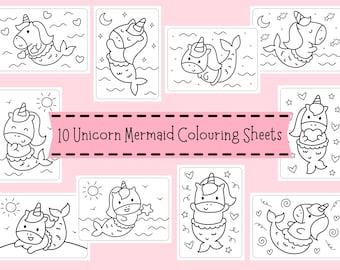 Unicorn Mermaid Colouring Sheets For Children - Girls' Fantasy Coloring Pages For Kids - Cute Unicorn Mermaid Activity PDF Printables