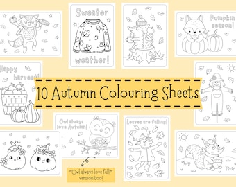 May include: Ten black and white coloring pages featuring autumn themes. The pages include images of a fox, a sweater, a hedgehog, a pumpkin, a scarecrow, a basket of apples, a pumpkin with a flower crown, an owl, a person jumping in leaves, and a squirrel.