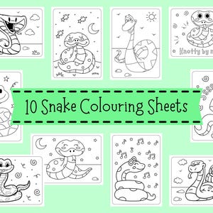 May include: Ten snake-themed coloring sheets with various cartoon snake illustrations. Each sheet features a different snake design, some with stars, moons, and musical notes. The text "10 Snake Colouring Sheets" is displayed in the center.