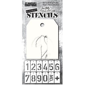 Puede incluir: Un juego de plantillas con una etiqueta blanca con un diseño de árbol y una serie de plantillas de números. Las plantillas son de la colección Tim Holtz y están etiquetadas como "STAMPERS ANONYMOUS ELEMENT STENCILS". El juego incluye los números del 1 al 0 y un signo más.