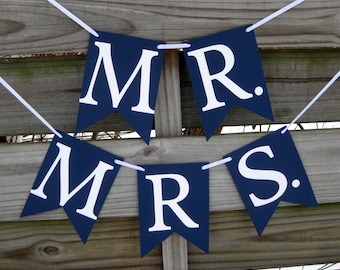 Navy Mr. and Mrs. Wedding Banner – Photo Prop, Chair Sign Set