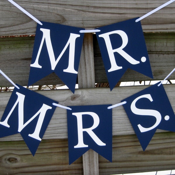 Mr and Mrs Banner Set - Wedding Photo Prop and Chair Signs - Mr Mrs Bunting in your Custom Colors