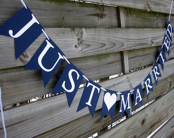 Just Married Wedding Banner - Wedding Sign in Navy Blue and White - Perfect for Nautical themed Weddings