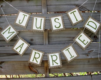 Just Married Banner - Green and Kraft Brown - rustic outdoor wedding decoration