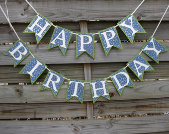 Happy Birthday Banner with Stars Pattern in green and blue - birthday party decoration