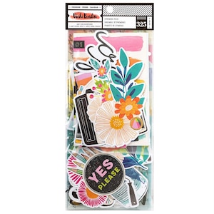 May include: A package of ephemera stickers with a variety of colorful designs. The stickers include floral, botanical, and abstract elements, with the words "YES PLEASE" on a black circle. The package is labeled "Vicki Boutin".