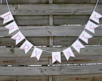 Happy Easter Banner - Easter Garland Decoration - Pink White and Kraft Easter Bunting