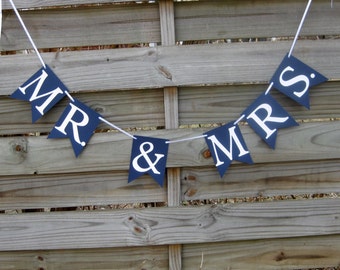 Mr & Mrs banner - Navy Blue and White - Mr and Mrs Wedding Sign and Photo Prop