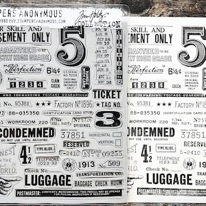 May include: Black and white vintage style stamps with text including "For Skill and Amusement Only", "Guaranteed to be Strictly High Grade", "Perfection 6 1/4", "Condemned", "Finest in the World", "Luggage", "Ticket", "Factory No. 1896", "Tag No.", "Horizontal", "Vertical", "Reserved", "Transportation Co.", "Baggage Check Room", "Postmaster", "Contents", "Merchandise", "This Packet May Be Opened For Postal Inspection If Necessary".