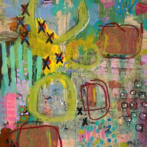 May include: An abstract painting featuring layered acrylic paint in shades of lime green, teal, pink, and brown. The composition includes hand-painted circles, rectangular outlines, small black X marks, and scattered dots across a textured surface.