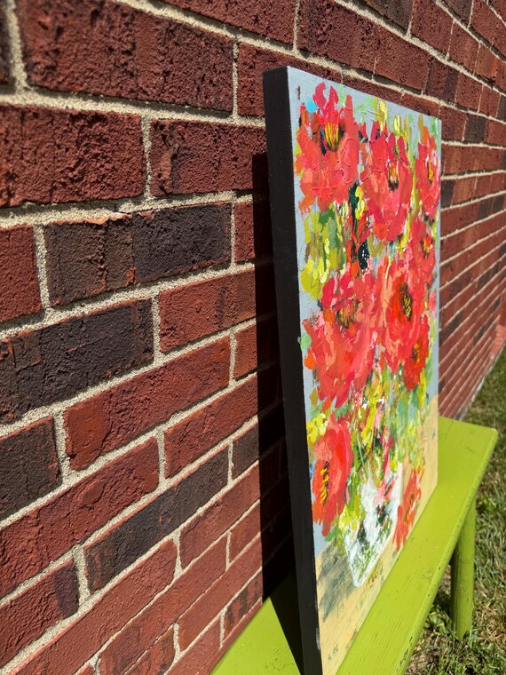 赤いバラの抽象的なアクリル花の絵画、クレードルウッド、26