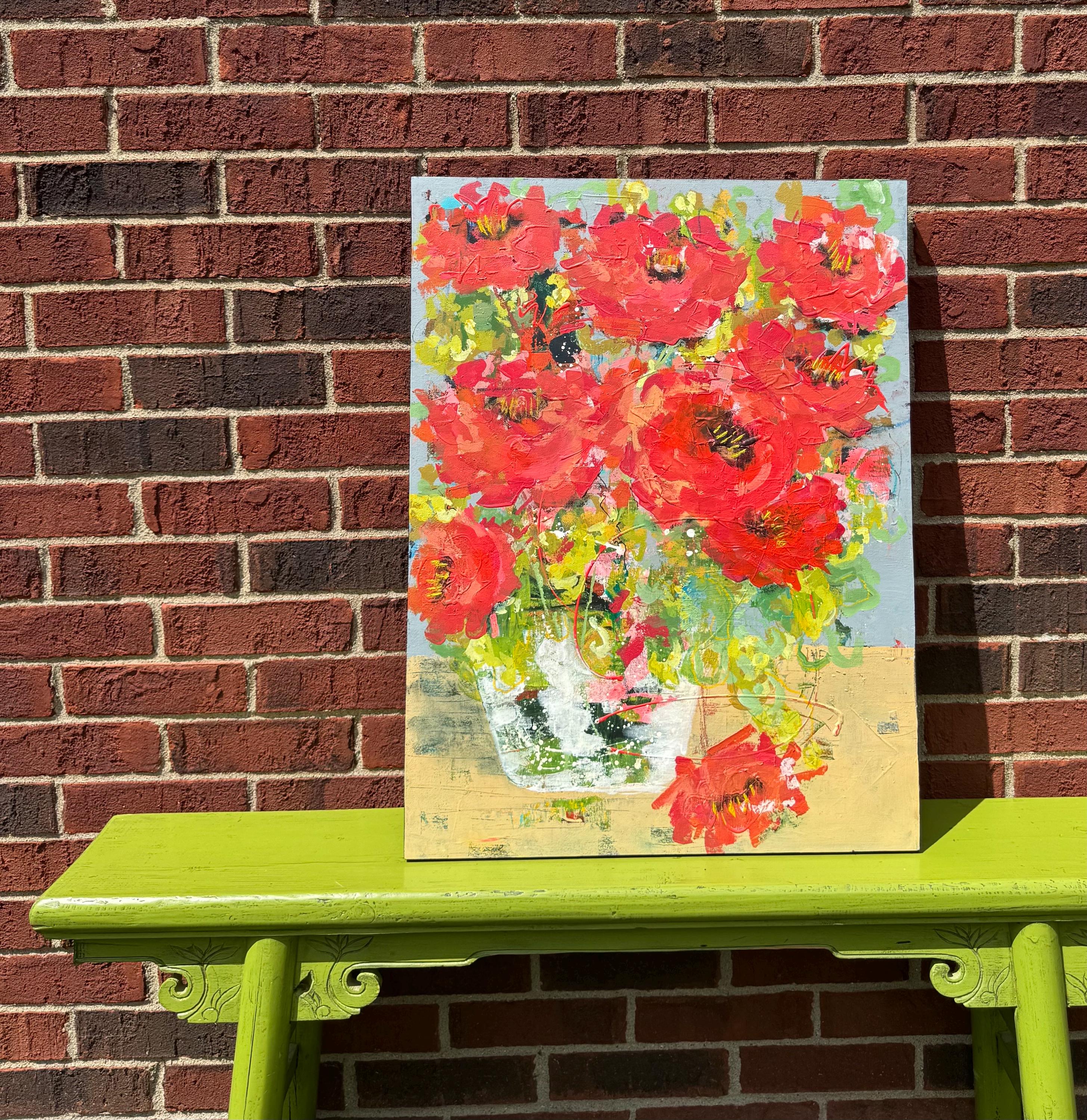 赤いバラ　アクリル画 赤いバラの抽象的なアクリル花の絵画、クレードルウッド、26