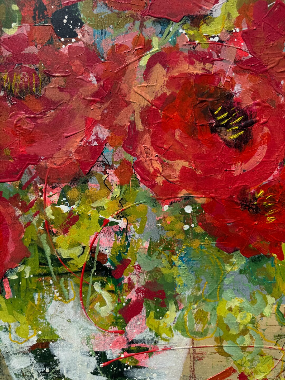 赤いバラ　アクリル画 赤いバラの抽象的なアクリル花の絵画、クレードルウッド、26