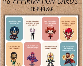 Affirmation Cards for Kids, Positve cards, Kids Affirmation, 48 printable cards, Superhero Card