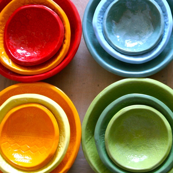 Brooklyn Tulip Shower trio Wobbly Bowls - 3 handmade nestling bowls - Wobbly Plates Series