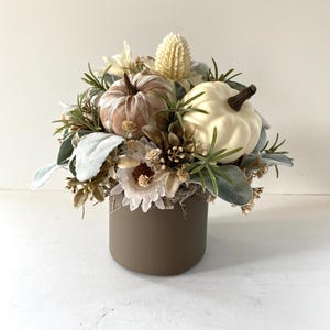 Fall neutral cream green table white beige pumpkin floral arrangement centerpiece farmhouse dining table table arrangement fall decor