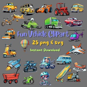 Fun Vehicles Clipart Set, Clipart For Kids, PNG and SVG, Cartoon Style Cars, Motorcycle Stickers, Kids Art Ideas, Cars, Trucks, Airplanes