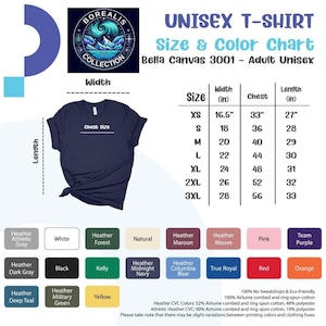 May include: A navy blue unisex t-shirt with a size and color chart. The chart lists sizes XS to 3XL, with chest and length measurements in inches. The shirt features a "Borealis Collection" logo.