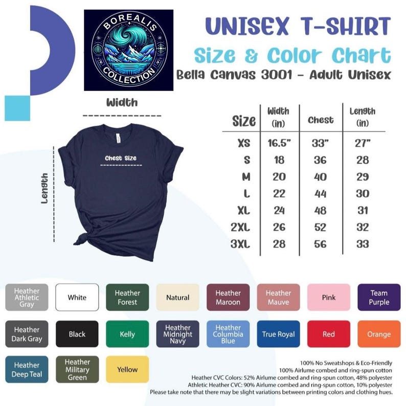 May include: A navy blue unisex t-shirt with a size and color chart. The chart lists sizes XS to 3XL, with chest and length measurements in inches. The shirt features a "Borealis Collection" logo.
