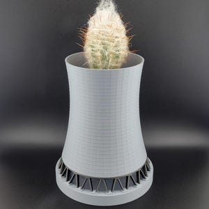 May include: A light grey, 3D-printed planter, resembling a nuclear cooling tower, containing a cactus. The cactus has a fuzzy, white appearance with visible spines. The planter has a grid-like texture and a detailed base.