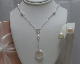 Bridal Coin Pearl Lariat necklace and earrings set (Pendant Drop)