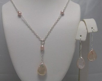 Teadrop Coin Pearl Y drop Necklace and Earrings Set (Pendant Drop)