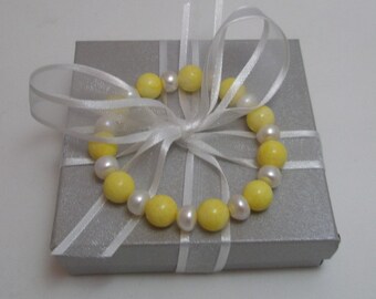 Stretch Bracelet Genuine Yellow Coral and Freshwater Pearl Bead Bracelet