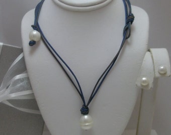 Large Genuine Pearl  Teardrop Necklace on leather and earrings set