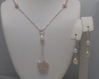 Flower Pearl Pendant drop necklace and earrings set