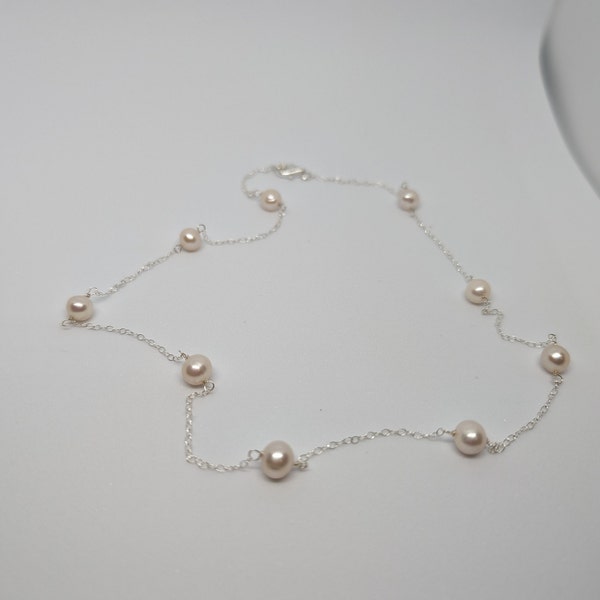 Genuine Cultured Pearl Tin Cup Necklace Sterling Silver