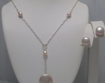 Bridal Coin Pearl Lariat necklace and earrings set (Pendant Drop)