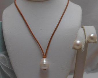 Large Genuine Pearl  Teardrop Necklace on leather and earrings set