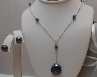 Coin Pearl Lariat Necklace and Earrings Set (Pendant Drop)